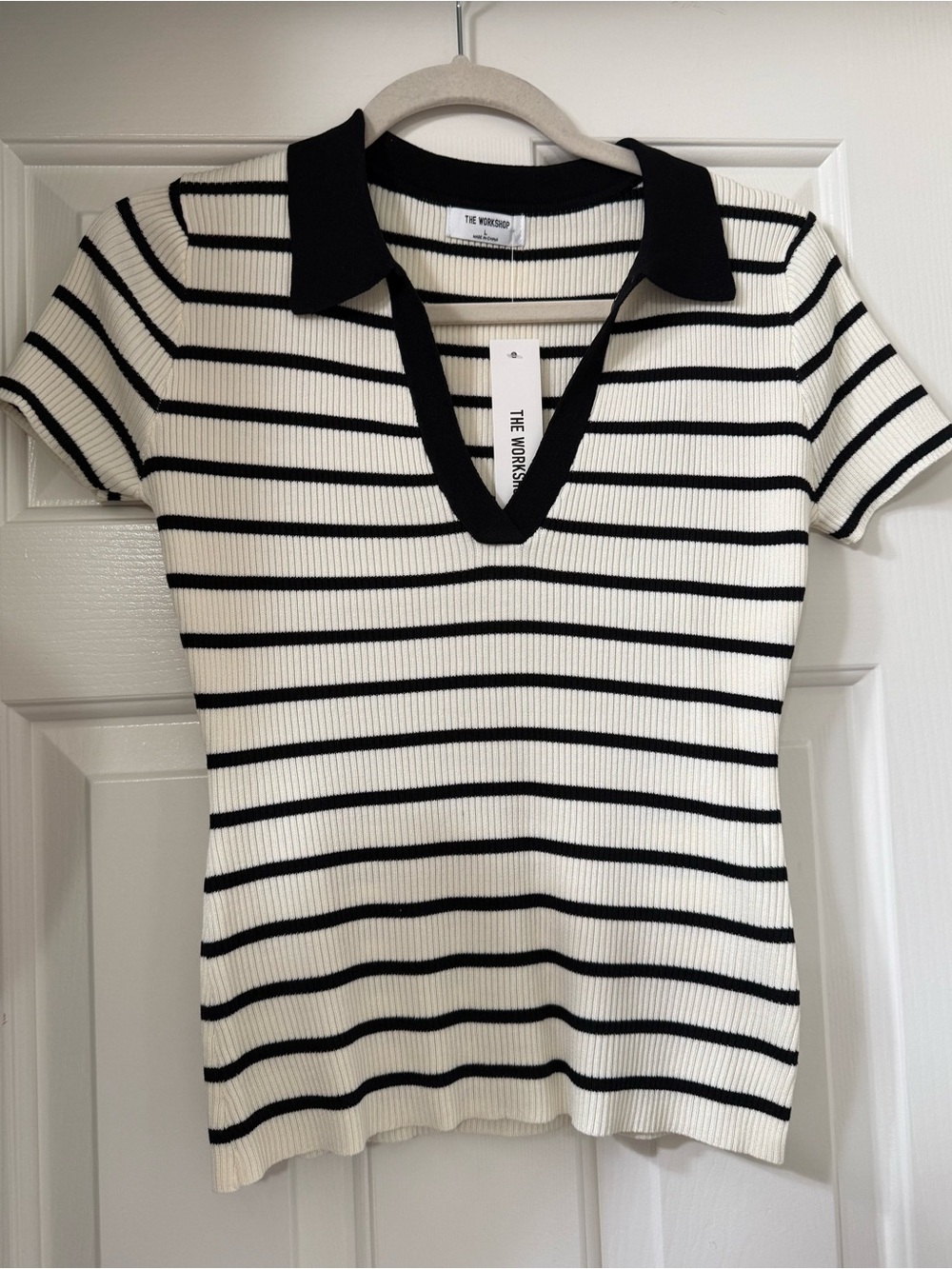 The Workshop Black & Cream Striped Ribbed Polo Sweater Top *NWT